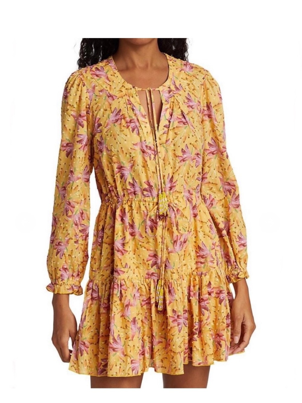 Farm Rio Long Sleeve Banana Yellow Floral Dress
